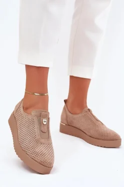 Półbuty Damskie Na Platformie Z Eko Zamszu Ciemnobeżowe Aviara