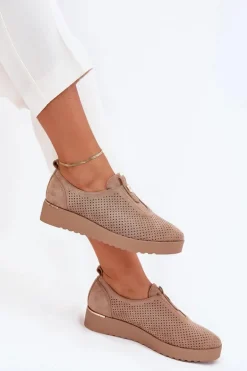 Półbuty Damskie Na Platformie Z Eko Zamszu Ciemnobeżowe Aviara