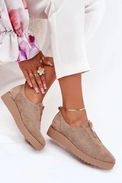 Półbuty Damskie Na Platformie Z Eko Zamszu Ciemnobeżowe Aviara