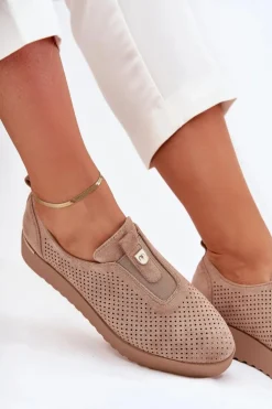 Półbuty Damskie Na Platformie Z Eko Zamszu Ciemnobeżowe Aviara