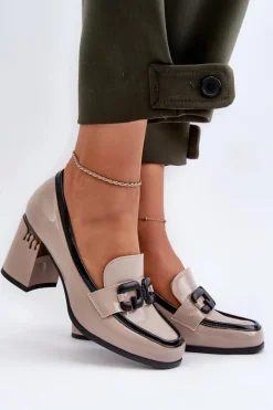 Półbuty Damskie Na Słupku Lakierowane Beżowe D&A MR38-973