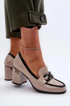 Półbuty Damskie Na Słupku Lakierowane Beżowe D&A MR38-973
