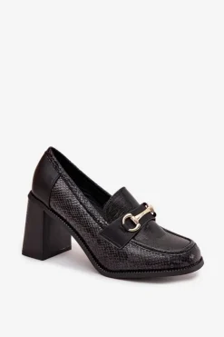Półbuty Damskie Na Słupku Z Tłoczeniem I Złotym Detalem Czarne Novella