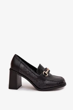 Półbuty Damskie Na Słupku Z Tłoczeniem I Złotym Detalem Czarne Novella