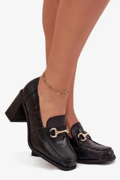 Półbuty Damskie Na Słupku Z Tłoczeniem I Złotym Detalem Czarne Novella