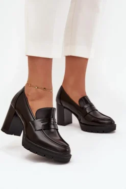 Półbuty Damskie Na Słupku Z Eko Skóry Czekoladowe Ilyssia