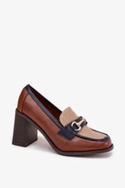 Półbuty Damskie Na Słupku Z Tłoczeniem I Złotym Detalem Beżowo-Brązowe Novella