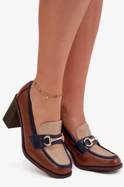 Półbuty Damskie Na Słupku Z Tłoczeniem I Złotym Detalem Beżowo-Brązowe Novella