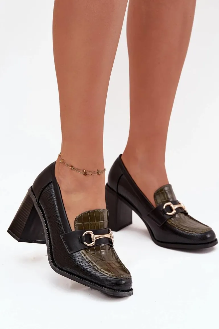 Półbuty Damskie Na Słupku Z Tłoczeniem I Złotym Detalem Zielono-Czarne Novella