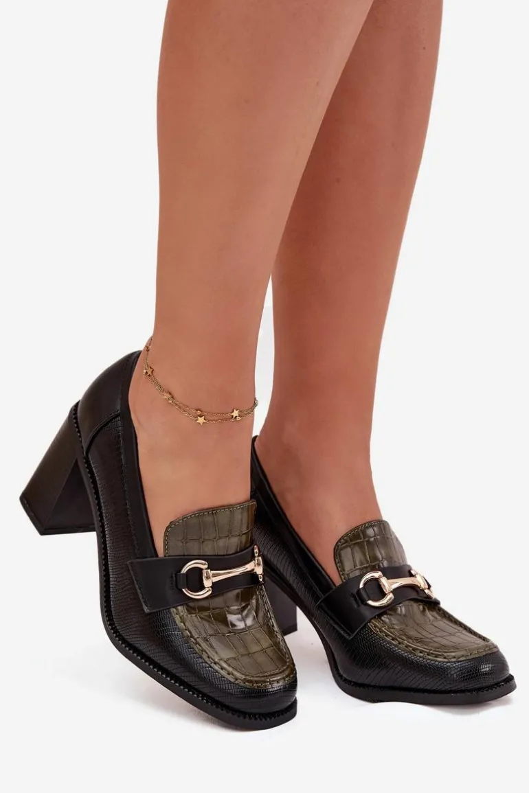 Półbuty Damskie Na Słupku Z Tłoczeniem I Złotym Detalem Zielono-Czarne Novella