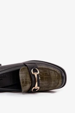 Półbuty Damskie Na Słupku Z Tłoczeniem I Złotym Detalem Zielono-Czarne Novella