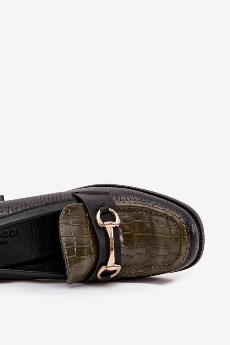 Półbuty Damskie Na Słupku Z Tłoczeniem I Złotym Detalem Zielono-Czarne Novella