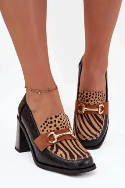 Półbuty Damskie Na Słupku Z Tłoczeniem I Złotym Detalem Czarno-Beżowe Novella