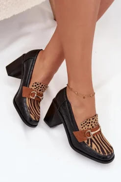 Półbuty Damskie Na Słupku Z Tłoczeniem I Złotym Detalem Czarno-Beżowe Novella