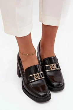 Półbuty Damskie Na Słupku Ze Złotym Detalem Czarne Privelle