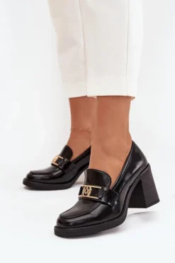 Półbuty Damskie Na Słupku Ze Złotym Detalem Czarne Privelle