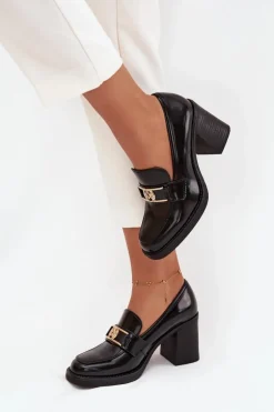 Półbuty Damskie Na Słupku Ze Złotym Detalem Czarne Privelle