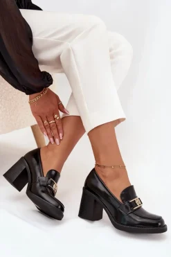 Półbuty Damskie Na Słupku Ze Złotym Detalem Czarne Privelle