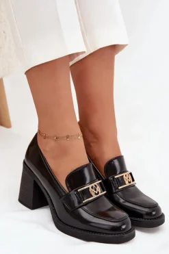 Półbuty Damskie Na Słupku Ze Złotym Detalem Czarne Privelle