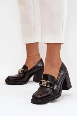 Półbuty Damskie Na Słupku Ze Złotym Detalem Czekoladowe Privelle