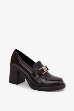 Półbuty Damskie Na Słupku Ze Złotym Detalem Czekoladowe Privelle