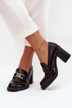 Półbuty Damskie Na Słupku Ze Złotym Detalem Czekoladowe Privelle