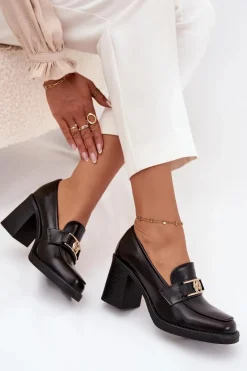 Półbuty Damskie Na Słupku Ze Złotym Detalem Czekoladowe Privelle