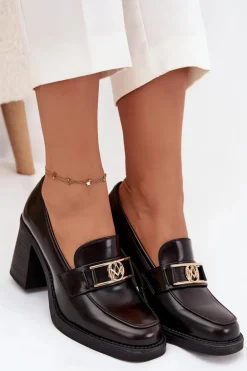 Półbuty Damskie Na Słupku Ze Złotym Detalem Czekoladowe Privelle