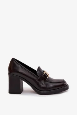 Półbuty Damskie Na Słupku Ze Złotym Detalem Czekoladowe Privelle