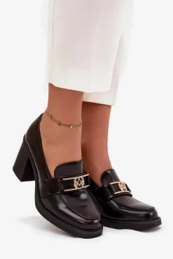 Półbuty Damskie Na Słupku Ze Złotym Detalem Czekoladowe Privelle