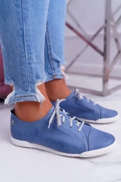 Półbuty Damskie Tenisówki Maciejka Skórzane Jasno Niebieskie 4049A