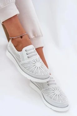 Półbuty Damskie Wsuwane Ażurowe Białe Azethia