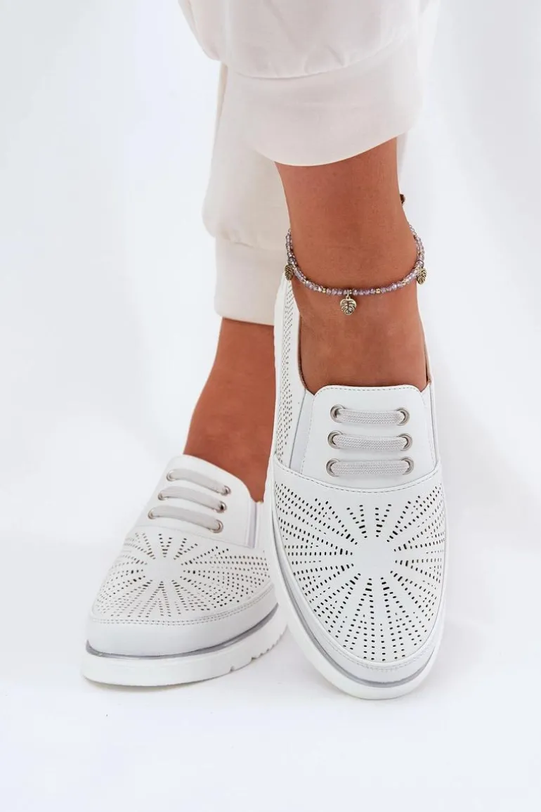 Półbuty Damskie Wsuwane Ażurowe Białe Azethia