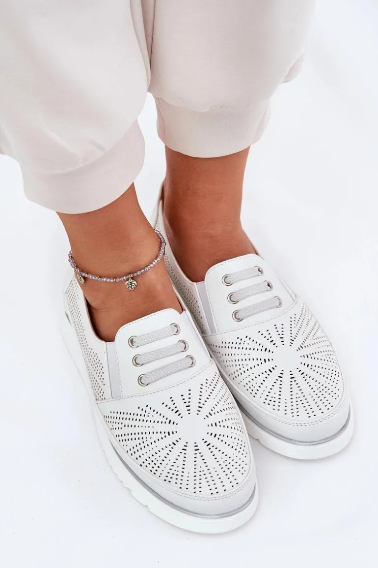 Półbuty Damskie Wsuwane Ażurowe Białe Azethia
