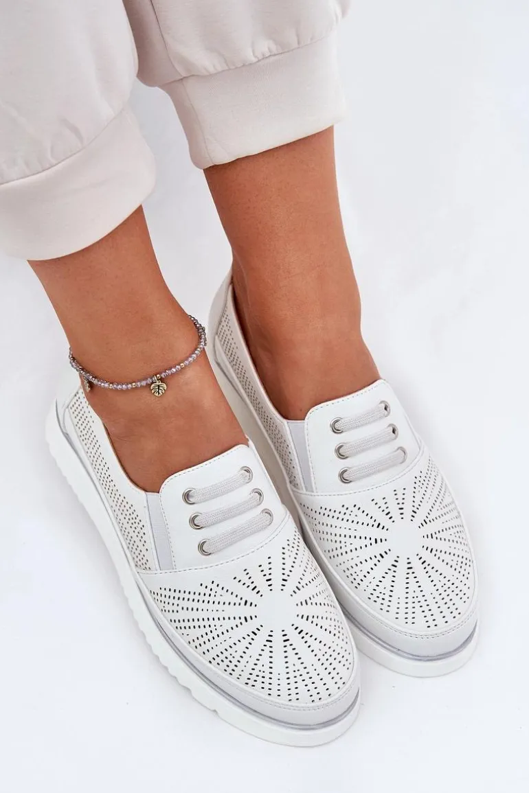 Półbuty Damskie Wsuwane Ażurowe Białe Azethia