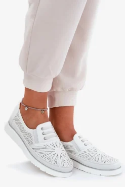 Półbuty Damskie Wsuwane Ażurowe Białe Azethia