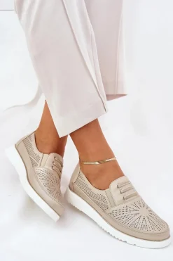 Półbuty Damskie Wsuwane Ażurowe Złote Azethia