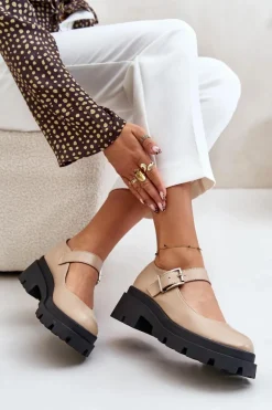 Półbuty Damskie Z Klamrą Beżowe Plikuria