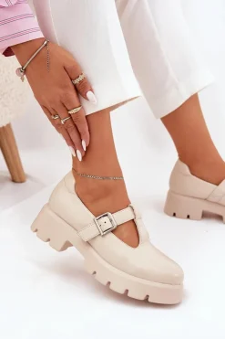 Półbuty Damskie Z Klamrą Na Platformie I Płaskim Obcasie Beżowe Venda
