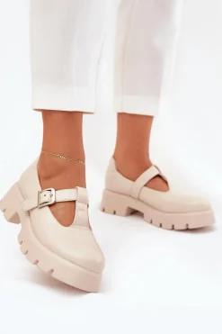 Półbuty Damskie Z Klamrą Na Platformie I Płaskim Obcasie Beżowe Venda