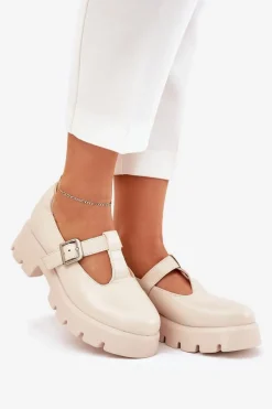 Półbuty Damskie Z Klamrą Na Platformie I Płaskim Obcasie Beżowe Venda