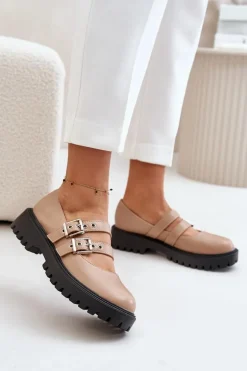 Półbuty Damskie Z Paskami Eko Skórzane Beżowe Terione