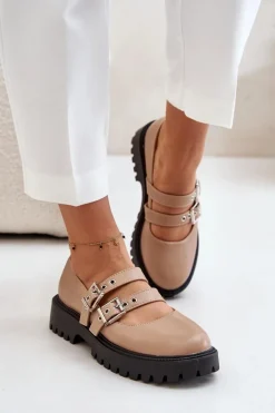 Półbuty Damskie Z Paskami Eko Skórzane Beżowe Terione