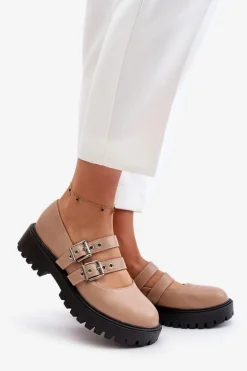 Półbuty Damskie Z Paskami Eko Skórzane Beżowe Terione