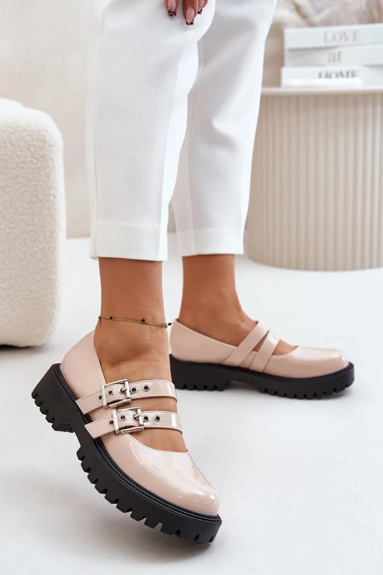 Półbuty Damskie Z Paskami Lakierowane Beżowe Terione