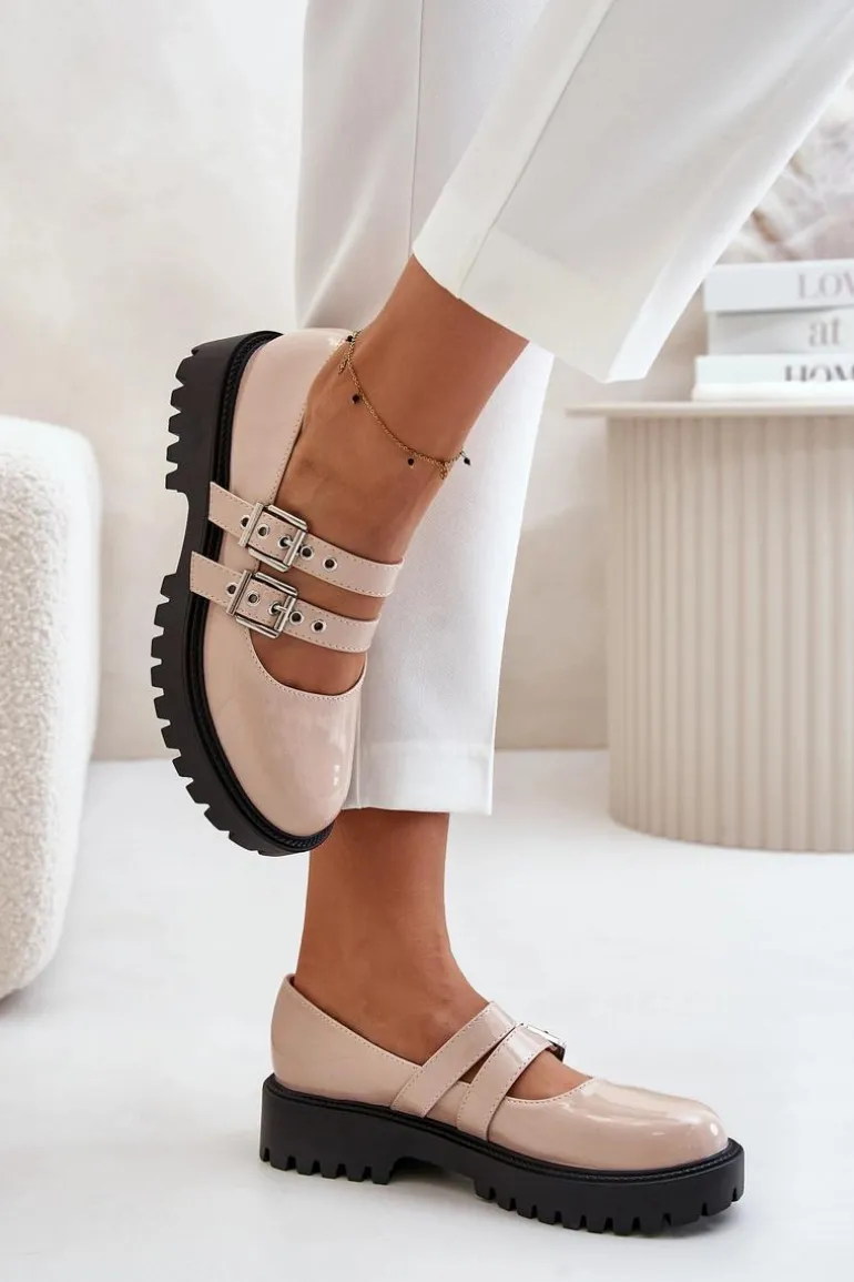 Półbuty Damskie Z Paskami Lakierowane Beżowe Terione