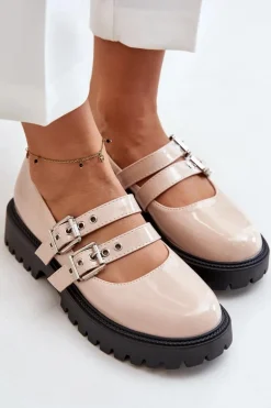 Półbuty Damskie Z Paskami Lakierowane Beżowe Terione