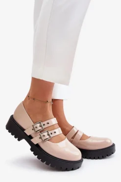 Półbuty Damskie Z Paskami Lakierowane Beżowe Terione