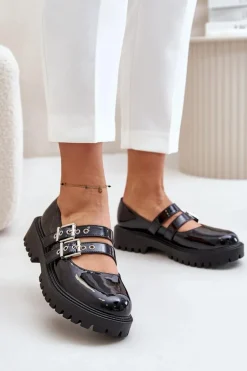 Półbuty Damskie Z Paskami Lakierowane Czarne Terione