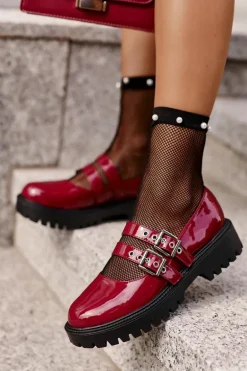 Półbuty Damskie Z Paskami Lakierowane Bordowe Terione